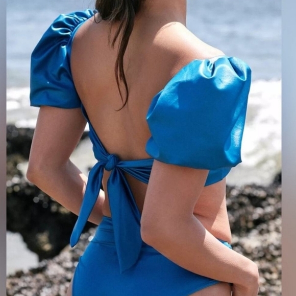 NWT Agua Bendita Calista Blue Shimmer Puff-Sleeve Bikini‎ Crop Top 3XL - Picture 2 of 5